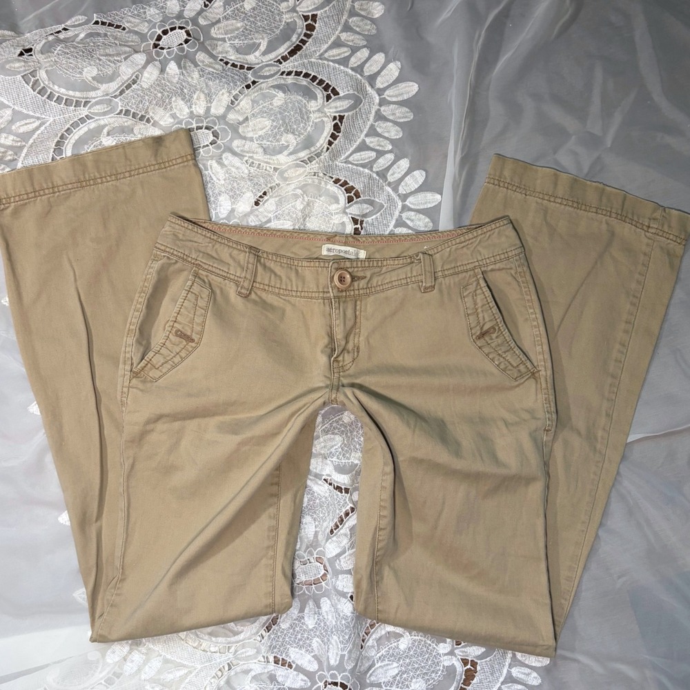 Aeropostale Khaki Flare Pants Womens 5/6 L Low Rise Y2K Chino Tan Cotton Blend